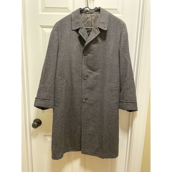 Vintage Hickey Freeman Asheville Wool Over Coat Car Trench Gray Windowpane